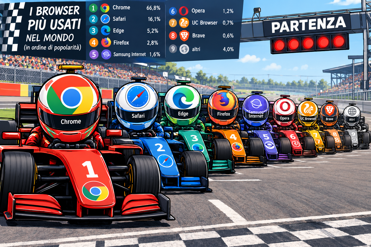 L’immagine rappresenta una griglia di partenza di una gara automobilistica immaginaria, ambientata su un circuito di Formula 1 in una giornata di sole.
La scena è vista frontalmente e leggermente dall’alto. Le monoposto sono disposte in diagonale: la prima occupa gran parte della zona sinistra e inferiore dell’immagine, mentre le altre si susseguono verso destra e sullo sfondo, diventando progressivamente più piccole.
Ogni vettura rappresenta un browser Internet. L’elemento visivo più evidente è il casco del pilota, sul quale è riprodotto un enorme logo colorato del browser corrispondente. I loghi compaiono anche sulle carrozzerie delle auto. I colori delle monoposto richiamano quelli dei rispettivi marchi.
La griglia di partenza, in ordine dalla prima alla nona posizione, è composta da:
1. Google Chrome. Monoposto rossa, con dettagli verdi, gialli e blu. Il casco del pilota è dominato dall’ampio logo circolare multicolore di Chrome. Sulla parte anteriore della vettura compare il numero 1. È la vettura più grande e in primo piano.
2. Apple Safari. Monoposto blu e bianca. Il casco presenta il logo di Safari, un quadrante circolare blu con una bussola e una lancetta rossa. La vettura porta il numero 2.
3. Microsoft Edge. Monoposto verde e blu. Sul casco spicca il logo a forma di onda curva, con sfumature blu e verdi. Sulla vettura è riportato il numero 3.
4. Mozilla Firefox. Monoposto arancione e scura. Il casco mostra la volpe stilizzata arancione e viola che circonda il globo. La vettura porta il numero 4.
5. Samsung Internet. Monoposto viola e blu. Sul casco compare il simbolo viola del browser, costituito da una forma circolare stilizzata. Il numero della vettura è 5.
6. Opera. Monoposto rossa e nera. Il casco presenta il grande simbolo rosso a forma di lettera O. La vettura è contrassegnata dal numero 6.
7. UC Browser. Monoposto gialla e arancione. Sul casco compare il logo arancione con la sagoma stilizzata di uno scoiattolo. La vettura porta il numero 7.
8. Brave. Monoposto arancione e nera. Il casco mostra il simbolo arancione del browser, uno scudo con una testa di leone stilizzata. Il numero sulla vettura è 8.
9. Altri browser. Monoposto grigia e nera, collocata all’estremità destra della fila. Sul casco è raffigurato un globo grigio, simbolo generico della navigazione sul Web. La vettura porta il numero 9.
Il tabellone delle percentuali
Nella parte superiore sinistra dell’immagine si trova un grande pannello blu scuro, con una decorazione a bandiera a scacchi bianchi e neri sul margine sinistro.
Il titolo, scritto in caratteri bianchi grandi, è:
«I BROWSER PIÙ USATI NEL MONDO»
Sotto il titolo compare la precisazione «in ordine di popolarità».
Il pannello contiene un elenco numerato con i loghi, i nomi dei browser e le percentuali di utilizzo riportate nell’illustrazione:
- 1. Chrome: 66,8%.
- 2. Safari: 16,1%.
- 3. Edge: 5,2%.
- 4. Firefox: 2,8%.
- 5. Samsung Internet: 1,6%.
- 6. Opera: 1,2%.
- 7. UC Browser: 0,7%.
- 8. Brave: 0,6%.
- 9. Altri: 4,0%.
Le percentuali sono quelle rappresentate graficamente nell’immagine, non una verifica aggiornata delle quote di mercato.
Il circuito e l’atmosfera della gara
Sopra le automobili, nella parte alta a destra, è sospeso un grande portale metallico con la scritta «PARTENZA». Sotto il portale è collocata una fila orizzontale di cinque semafori circolari, tutti illuminati di rosso, come nell’attimo che precede lo spegnimento delle luci e l’avvio della gara.
Ai lati del circuito si vedono tribune gremite di spettatori, recinzioni di sicurezza, barriere colorate e strutture metalliche. Il cielo è azzurro, con alcune nuvole bianche.
L’asfalto occupa la parte inferiore e destra dell’immagine. Sono visibili le linee bianche che delimitano le posizioni di partenza e, sul bordo inferiore, una striscia a scacchi bianchi e neri.
L’insieme ha uno stile da fumetto pubblicitario, con contorni marcati, colori vivaci e proporzioni volutamente esagerate. La grandezza dei caschi e dei loghi rende immediatamente riconoscibile il browser rappresentato da ciascun pilota.