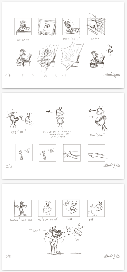 Storyboard con schizzi di disegno che rappresentano lo storytelling dell'animazione dettagliata nella trascrizione testuale